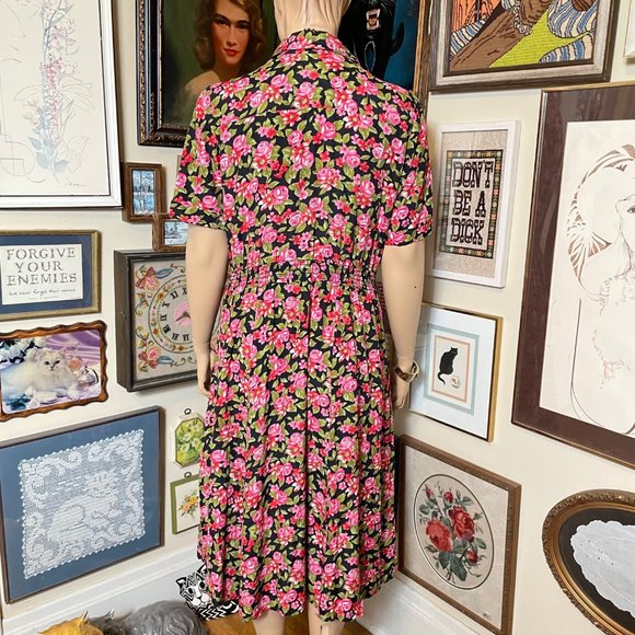 90s Vintage RJ Stevens Plus Size Pink Black Green Floral Short Sleeve Maxi Dress - Picture 5 of 5